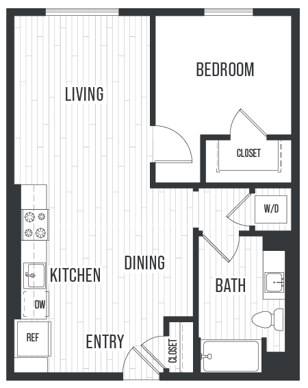 Floor plan 1C. One bedroom, one bath at Sixth & Jackson Apartments in Japantown, San Jose.
